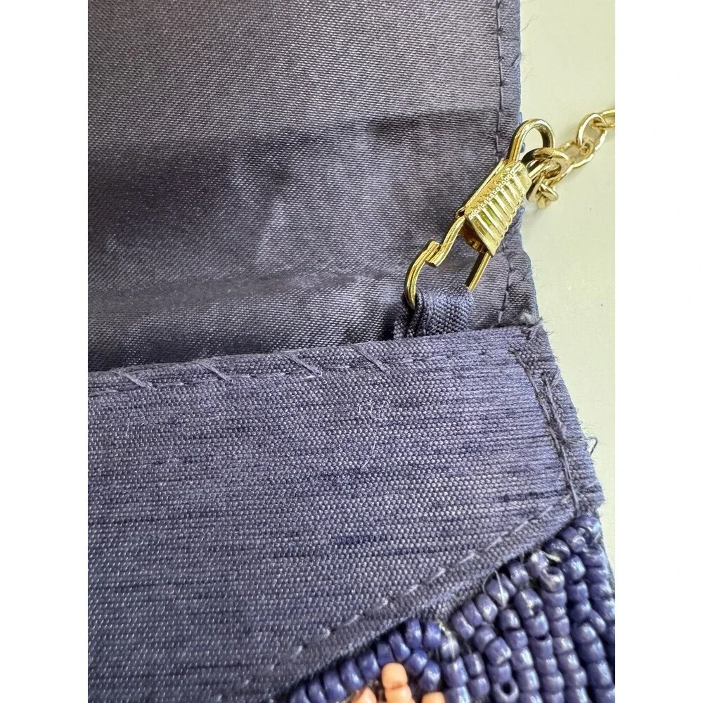 On 34th hand-beaded envelope clutch -navy and coral pink zebra stripe design